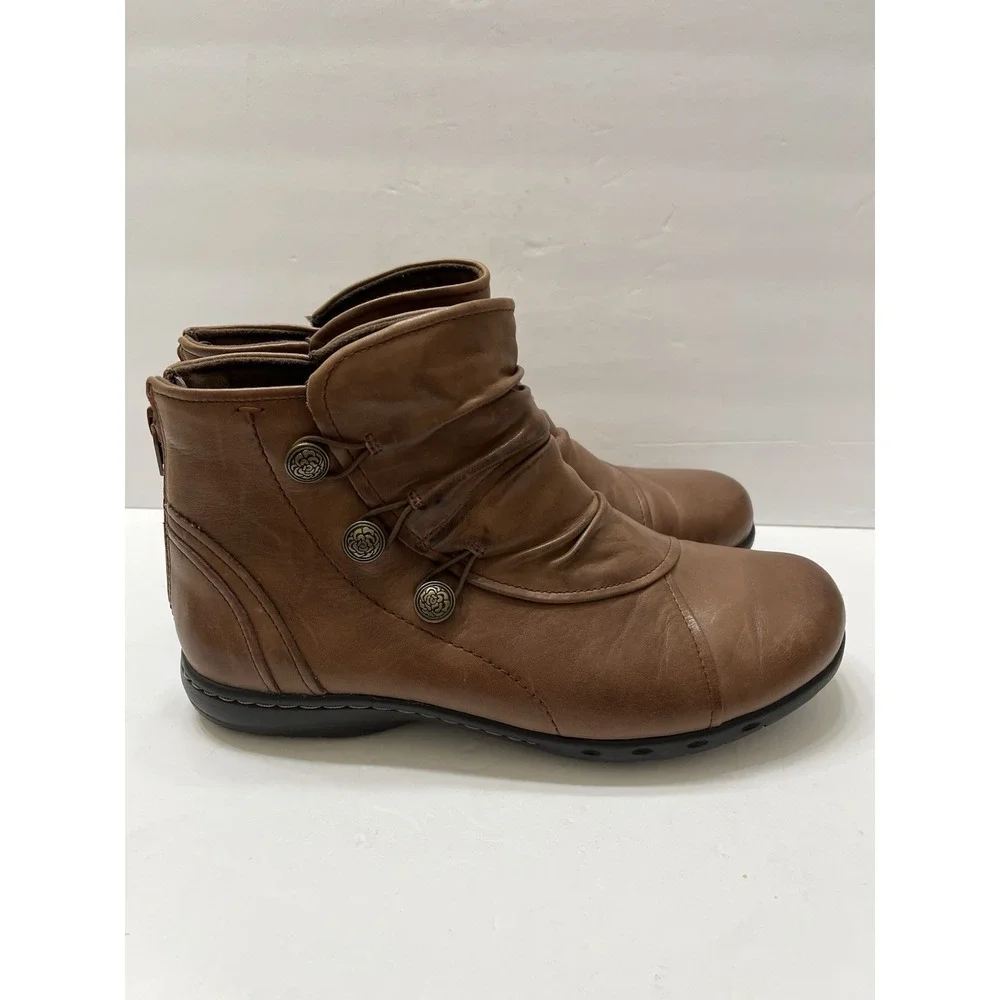 Rockport Cobb Hill Ruched Leather Booties Brown Buttons Back Zip Women's 9.5